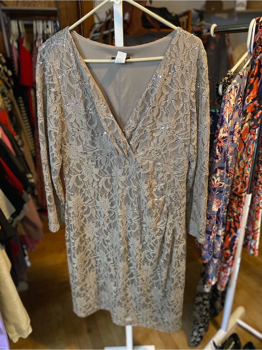 MSK Taupe Lace Midi Dress with Lace and Sequin Detail - Crossover V-neck